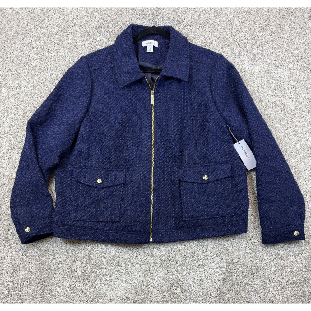Liz Claiborne Womens 2X Navy Blue Boucle Jacket Gold Zip Pockets Plus Size NWT